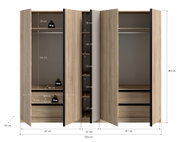 Geöffneter Kleiderschrank in Eiche-Optik mit vier Türen, Mittelregal und Kleiderstangen, Maßangaben (B 230 cm, H 183 cm, T 53 cm) in frontaler Ansicht.