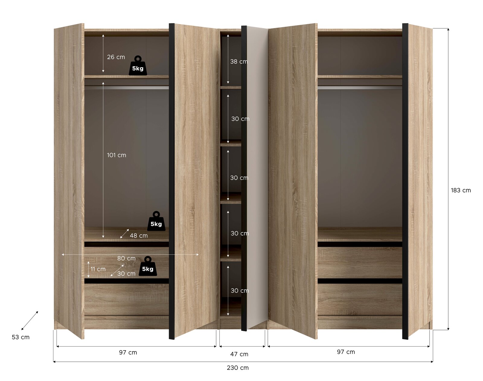 Geöffneter Kleiderschrank in Eiche-Optik mit vier Türen, Mittelregal und Kleiderstangen, Maßangaben (B 230 cm, H 183 cm, T 53 cm) in frontaler Ansicht.