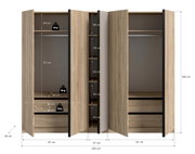 Geöffneter Kleiderschrank in Eiche-Optik mit vier Türen, Mittelregal und Kleiderstangen, Maßangaben (B 230 cm, H 183 cm, T 53 cm) in frontaler Ansicht.