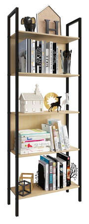 Modernes Standregal/Bücherregal mit schwarzem Metallrahmen und vier Holzablagen, dekoriert mit Büchern und Dekofiguren; frontale Ansicht mit leichter Perspektive von links.