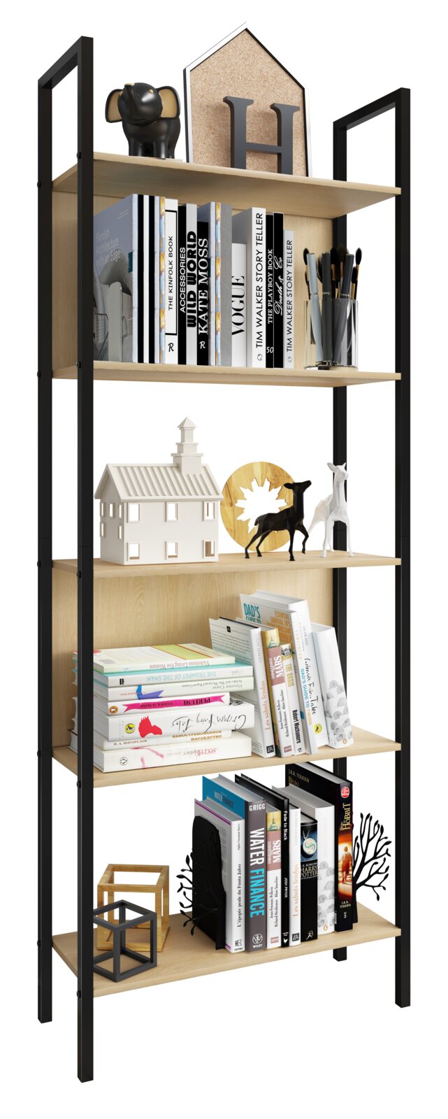 Modernes Standregal/Bücherregal mit schwarzem Metallrahmen und vier Holzablagen, dekoriert mit Büchern und Dekofiguren; frontale Ansicht mit leichter Perspektive von links.