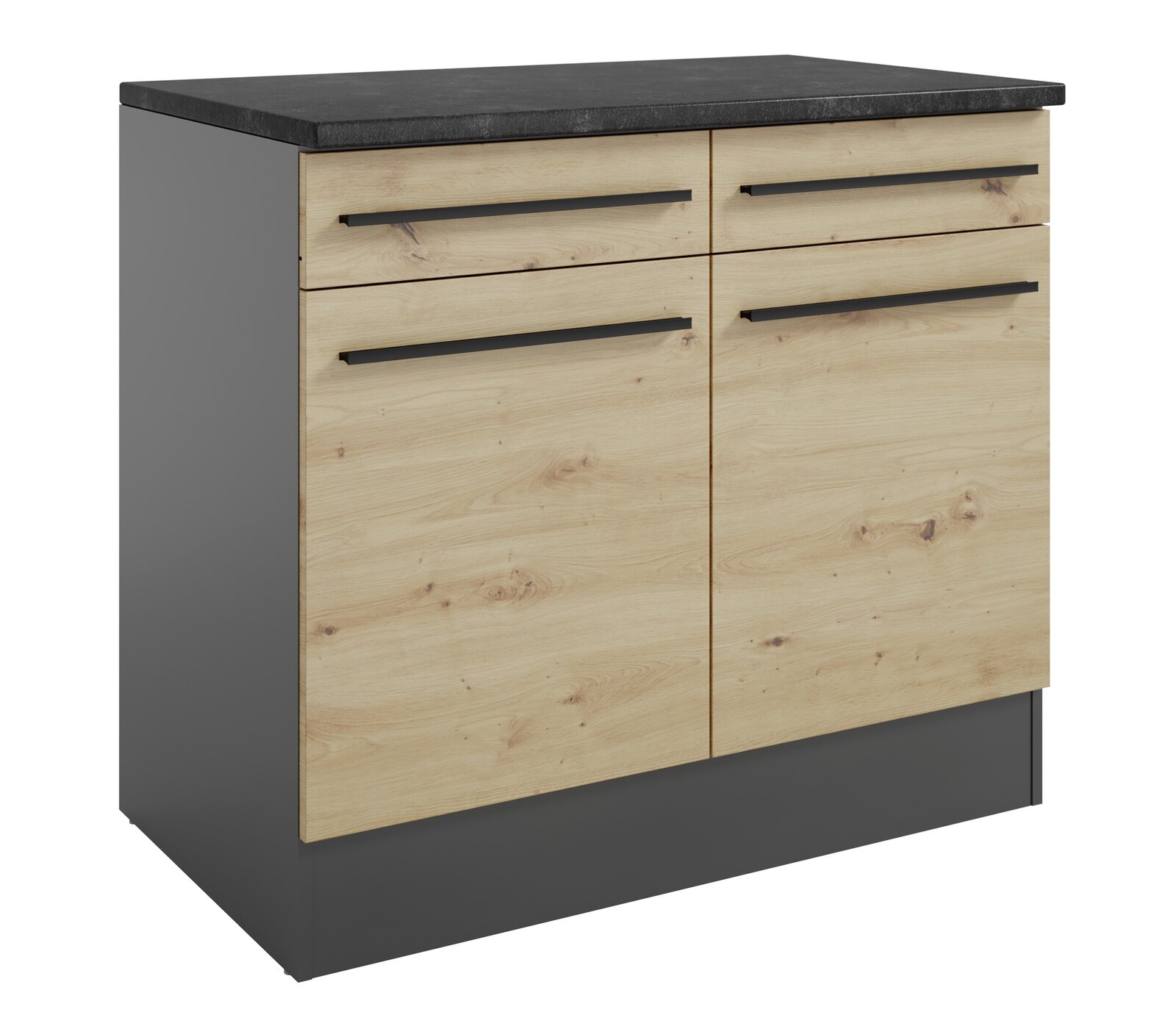 Yourkitchen Unterschrank JAZZ Moderner Unterschrank mit Holzoptik und dunkler Arbeitsplatte, seitliche Perspektive