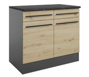 Moderner Unterschrank mit Holzoptik und dunkler Arbeitsplatte, seitliche Perspektive