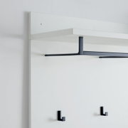 Kastpaneel in zijaanzicht met een witte plank en zwarte haken.