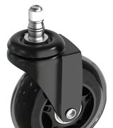 Nahaufnahme einer schwarzen Hartbodenrolle mit silbernem Stift, seitliche Perspektive