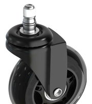 Nahaufnahme einer schwarzen Hartbodenrolle mit silbernem Stift, seitliche Perspektive