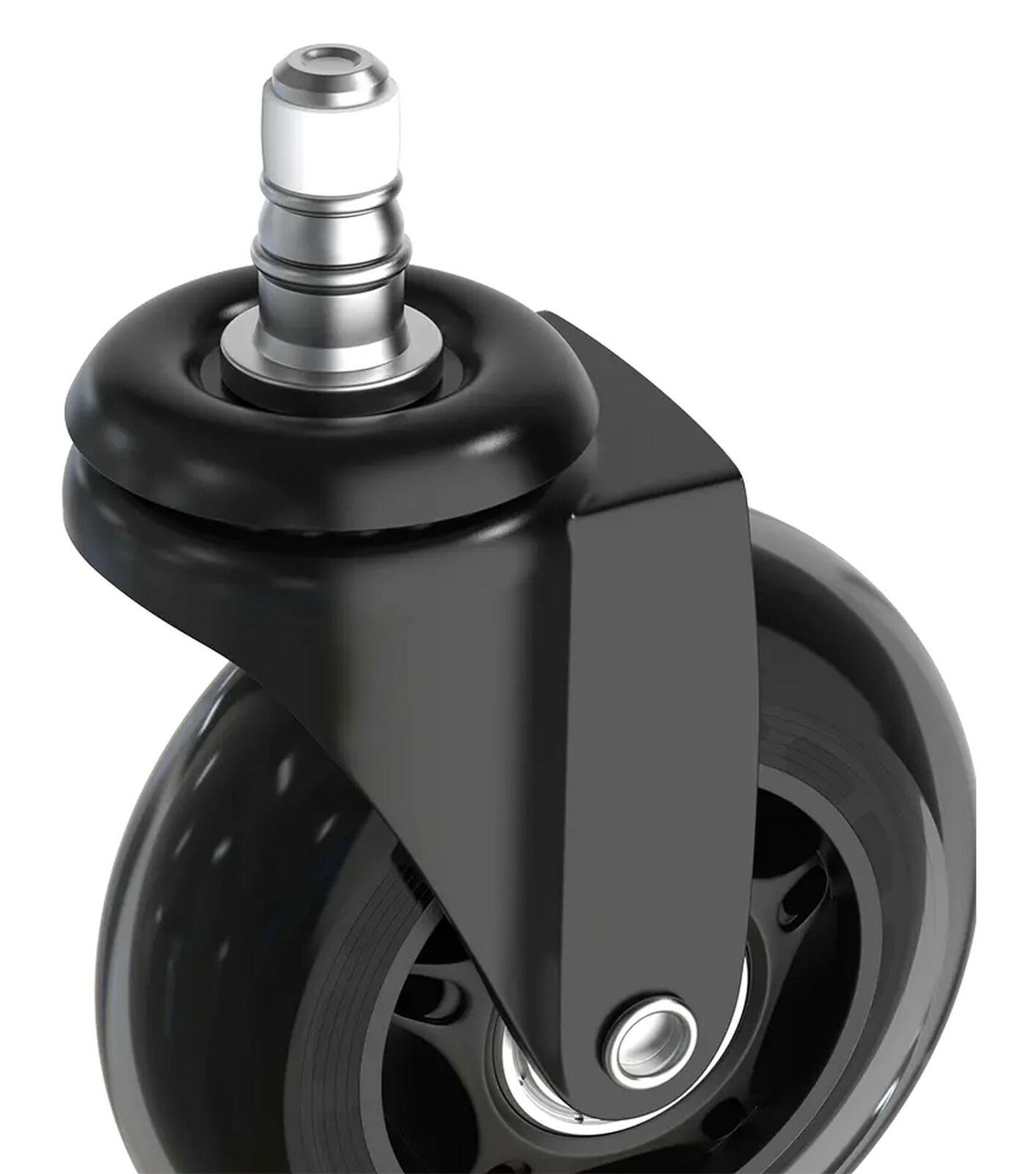 Nahaufnahme einer schwarzen Hartbodenrolle mit silbernem Stift, seitliche Perspektive