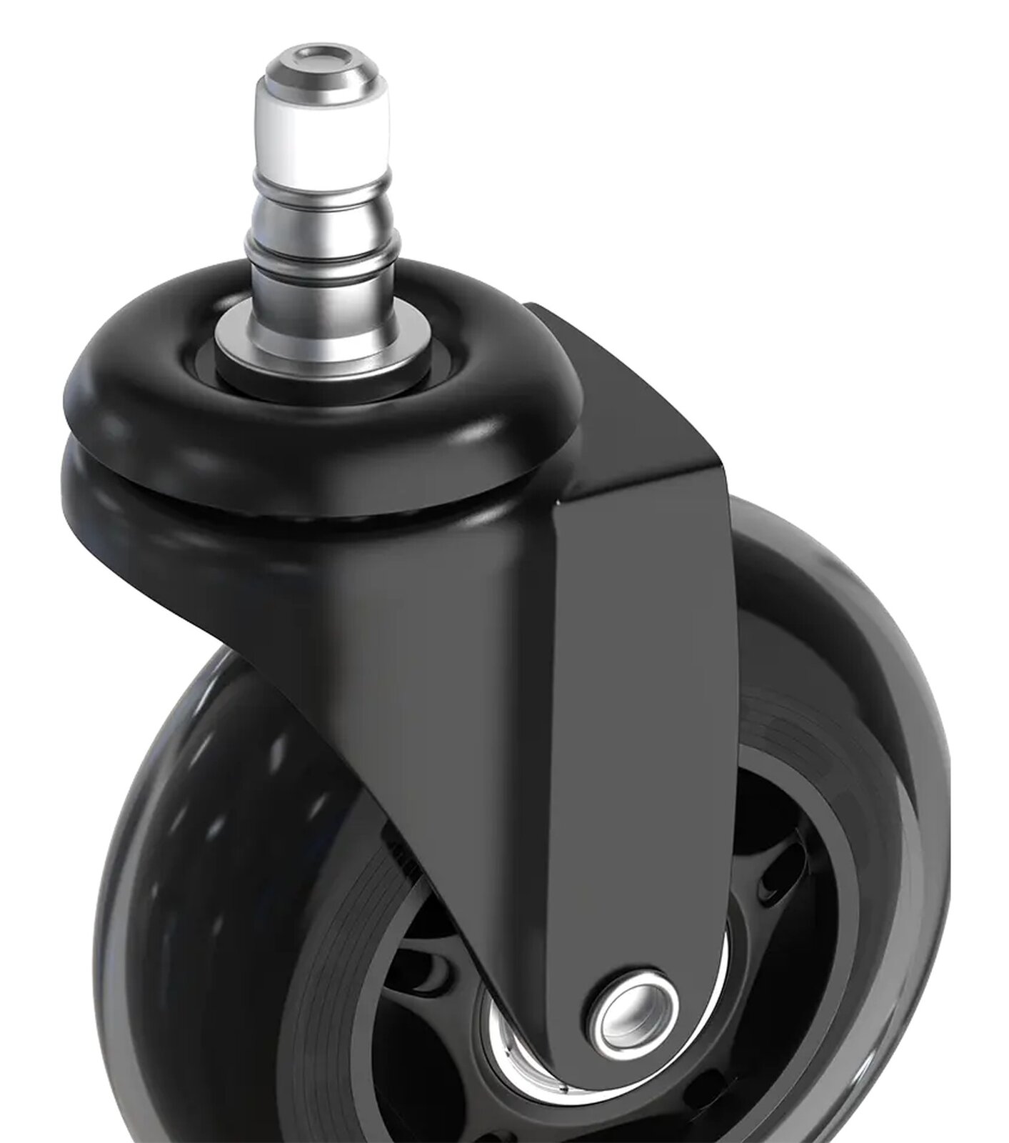 Nahaufnahme einer schwarzen Hartbodenrolle mit silbernem Stift, seitliche Perspektive