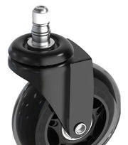 Nahaufnahme einer schwarzen Hartbodenrolle mit silbernem Stift, seitliche Perspektive