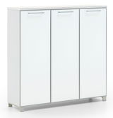 Moderner XL-Schuhschrank mit drei Türen in Weiß, seitliche Perspektive
