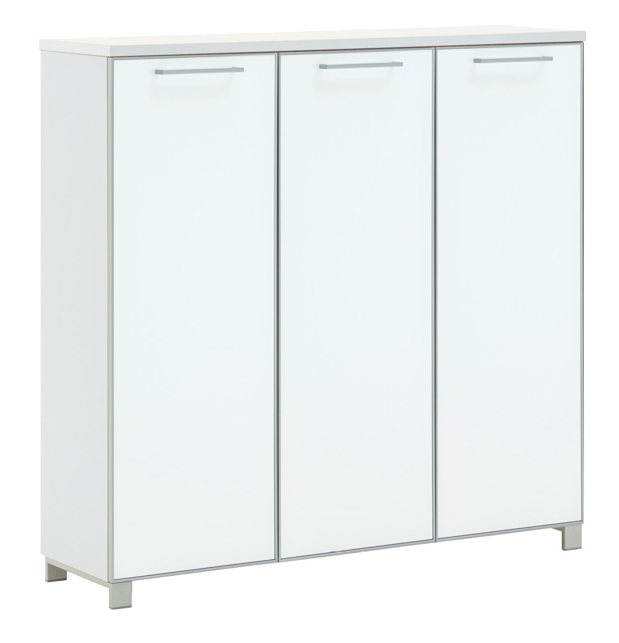 Moderner XL-Schuhschrank mit drei Türen in Weiß, seitliche Perspektive