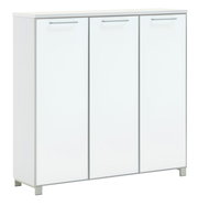 Moderner XL-Schuhschrank mit drei Türen in Weiß, seitliche Perspektive