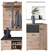 Garderoben-Set aus Holz mit Spiegel, Schuhregal, Sitzbank und Kleiderhaken, frontal abgebildet.