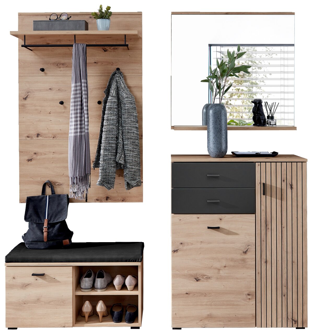 Voleo Garderobeset BUFFALO Garderoben-Set aus Holz mit Spiegel, Schuhregal, Sitzbank und Kleiderhaken, frontal abgebildet.