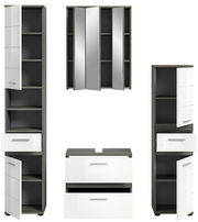 Badezimmermöbel-Set bestehend aus zwei hohen Schränken, einem Spiegelschrank und einem Waschtischunterschrank, frontal abgebildet.