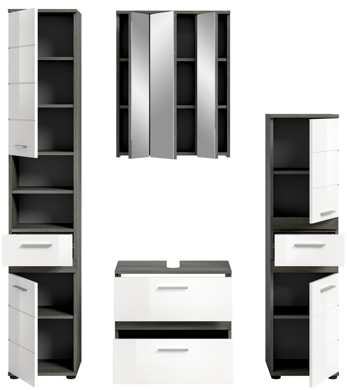 MID.YOU Badkombination BLAKE Badezimmermöbel-Set bestehend aus zwei hohen Schränken, einem Spiegelschrank und einem Waschtischunterschrank, frontal abgebildet.