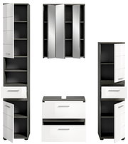 Badezimmermöbel-Set bestehend aus zwei hohen Schränken, einem Spiegelschrank und einem Waschtischunterschrank, frontal abgebildet.