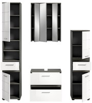 Badezimmermöbel-Set bestehend aus zwei hohen Schränken, einem Spiegelschrank und einem Waschtischunterschrank, frontal abgebildet.