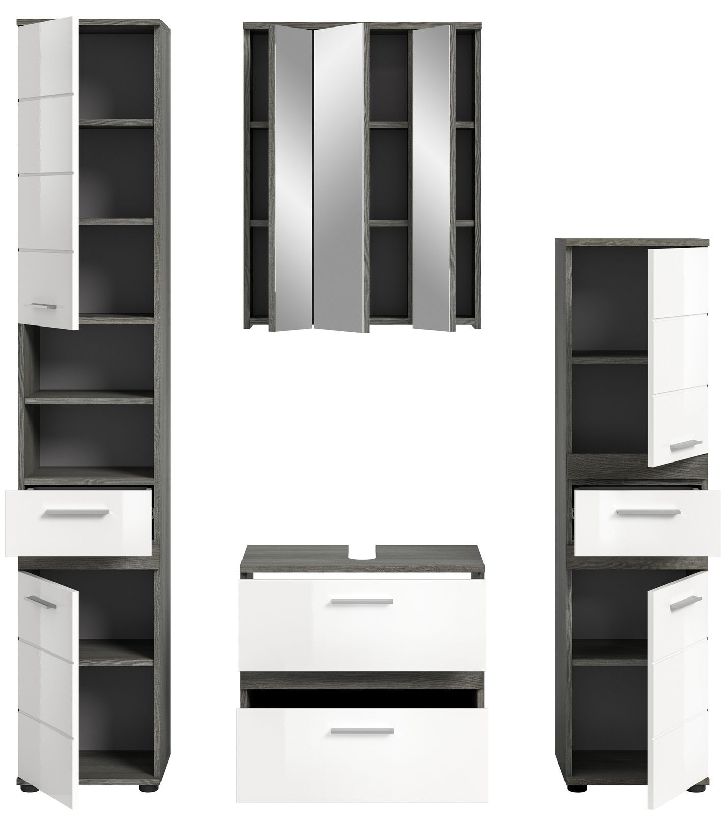 Badezimmermöbel-Set bestehend aus zwei hohen Schränken, einem Spiegelschrank und einem Waschtischunterschrank, frontal abgebildet.