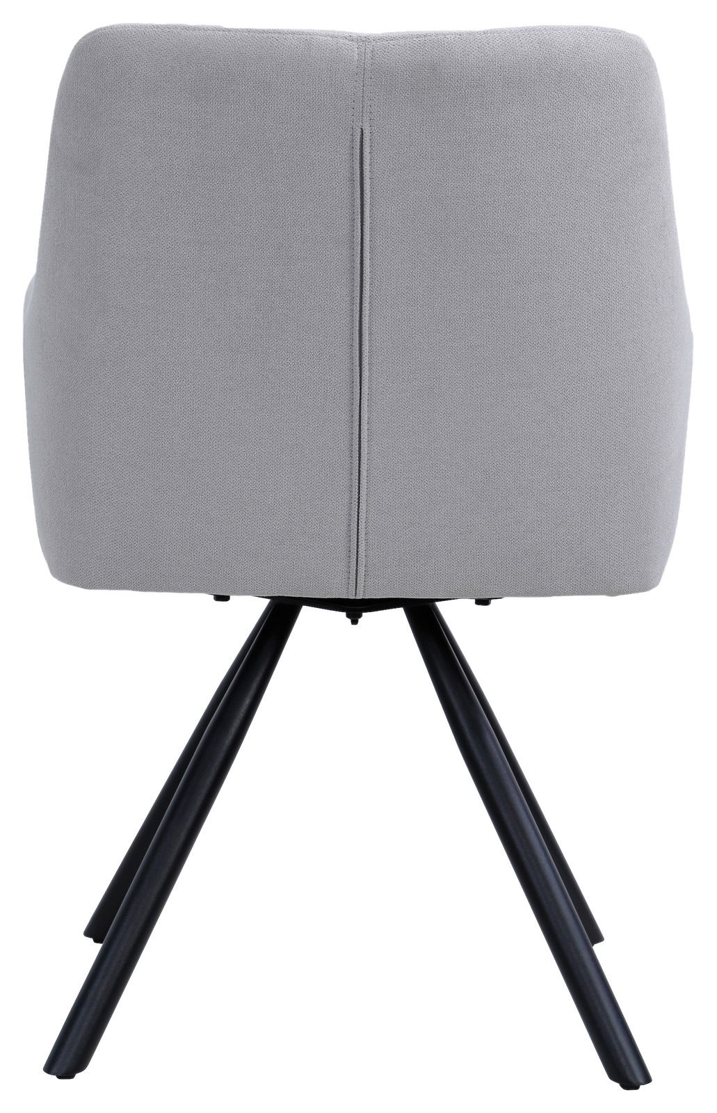 Rückansicht eines grauen Armlehnstuhls mit schwarzen Metallbeinen.