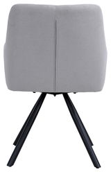 Rückansicht eines grauen Armlehnstuhls mit schwarzen Metallbeinen.