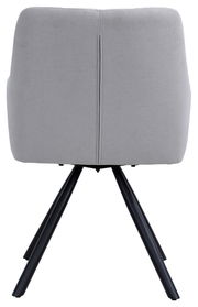 Rückansicht eines grauen Armlehnstuhls mit schwarzen Metallbeinen.