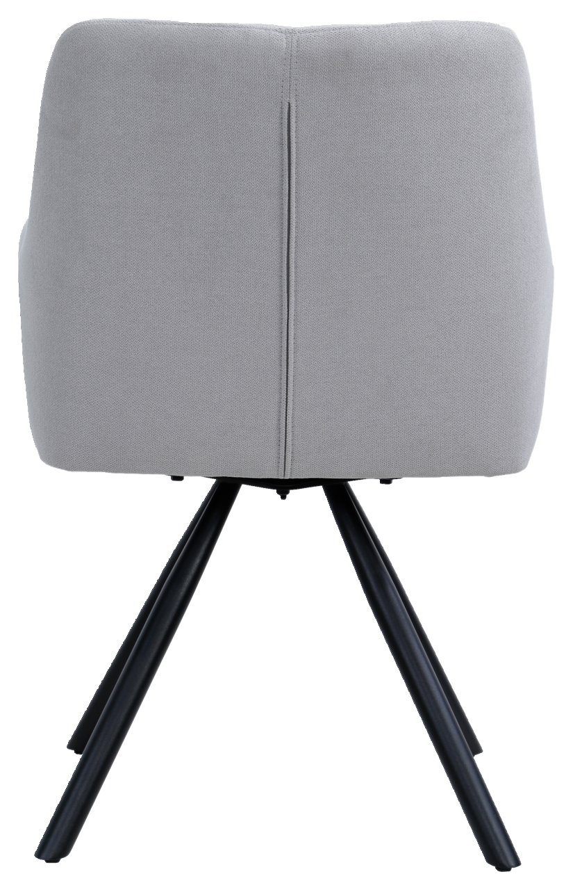 Rückansicht eines grauen Armlehnstuhls mit schwarzen Metallbeinen.