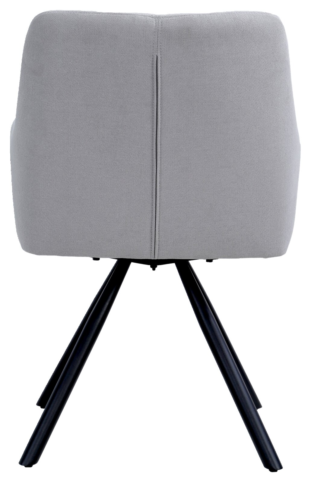 Rückansicht eines grauen Armlehnstuhls mit schwarzen Metallbeinen.