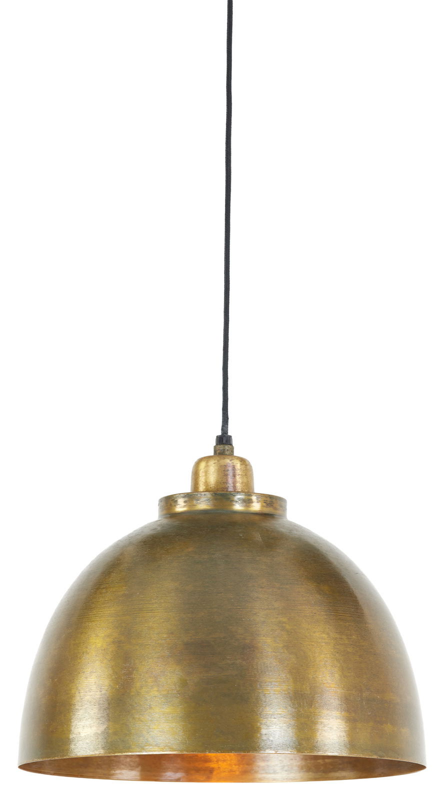 Hängeleuchte aus Metall in antikem Goldfinish, seitliche Perspektive