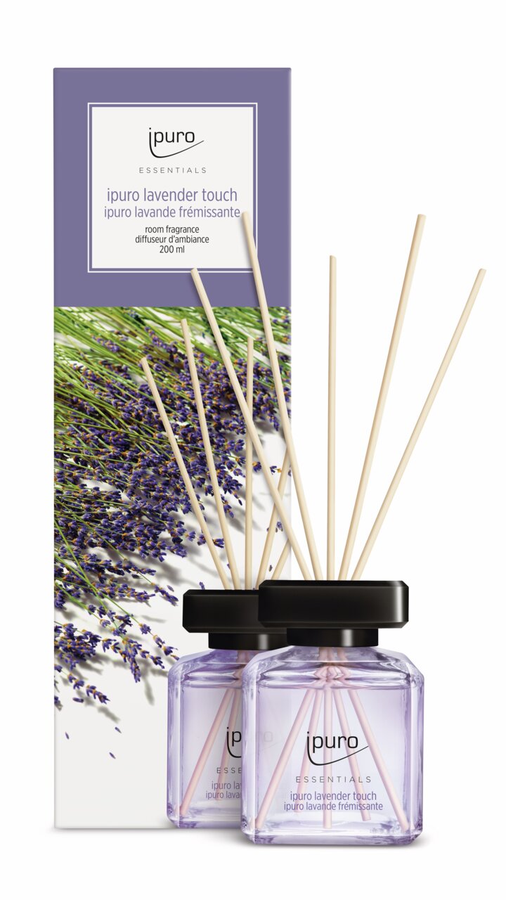 Lavendel Raumduft mit Stäbchen in eleganter Verpackung, Vorderansicht