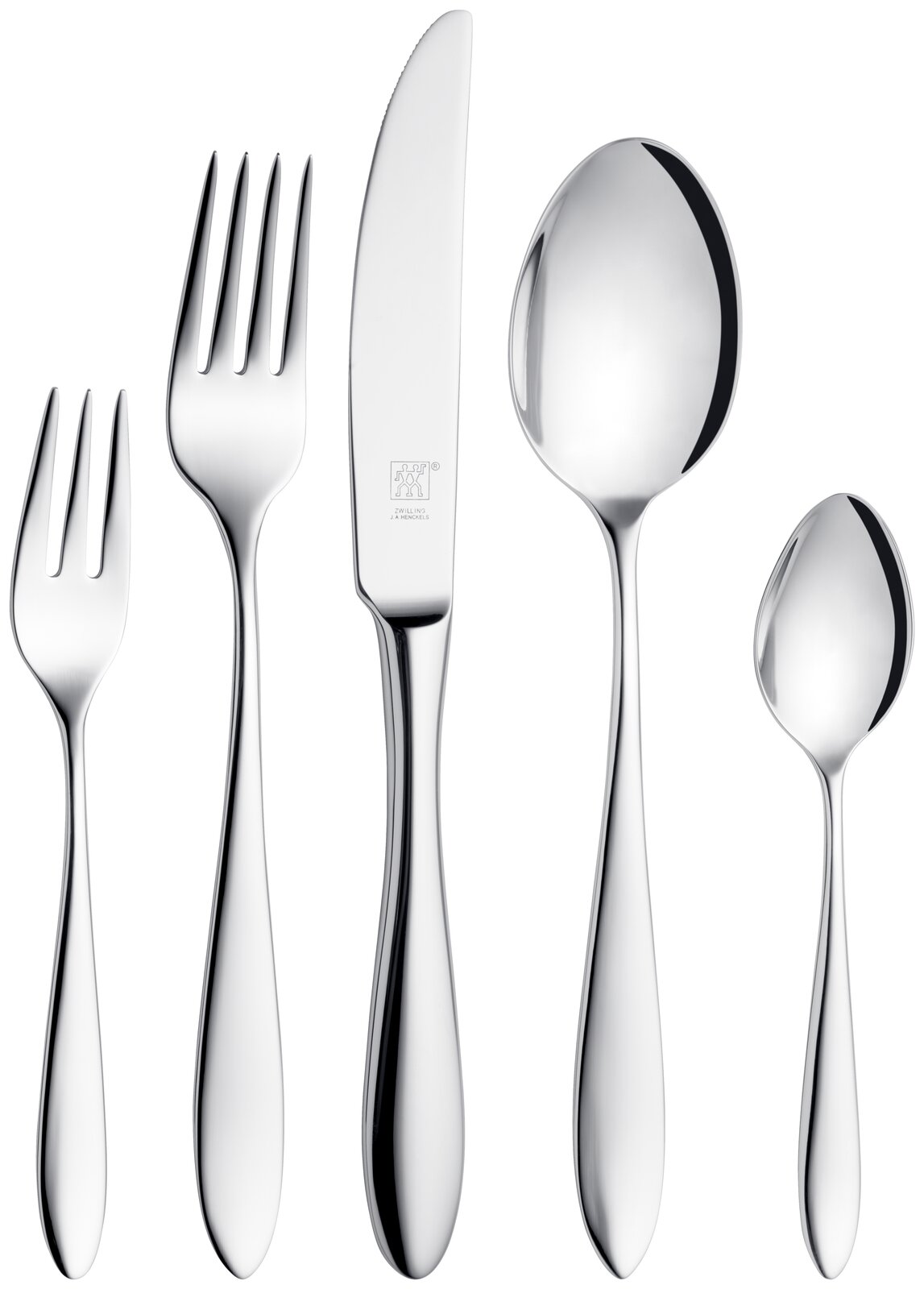 Elegantes Besteckset Beverly 42-tlg. aus Edelstahl, bestehend aus Gabel, Messer, Löffel und Teelöffel, in Frontalansicht.