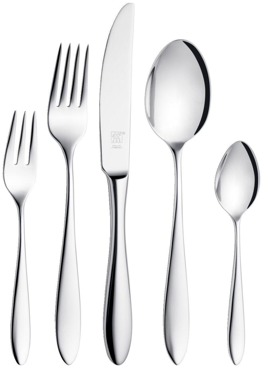 Elegantes Besteckset Beverly 42-tlg. aus Edelstahl, bestehend aus Gabel, Messer, Löffel und Teelöffel, in Frontalansicht.