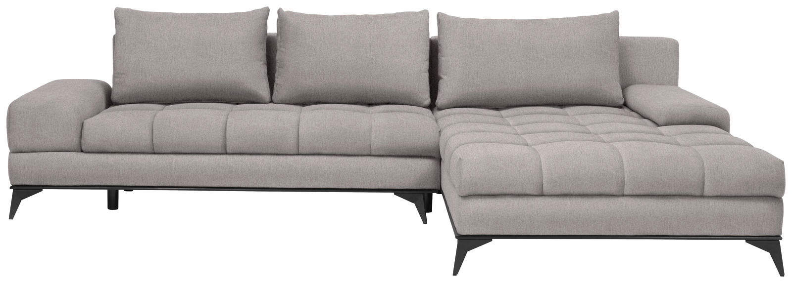 Graues Ecksofa mit drei Rückenkissen und einer Ottomane auf der rechten Seite, Vorderansicht