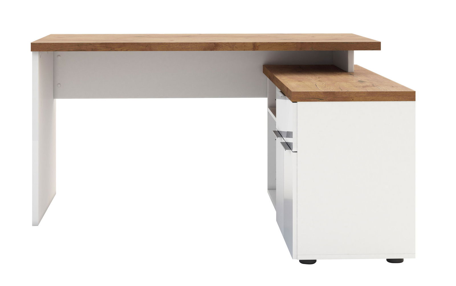 Eckschreibtisch mit weißem Korpus und Holzoberfläche, seitliche Perspektive