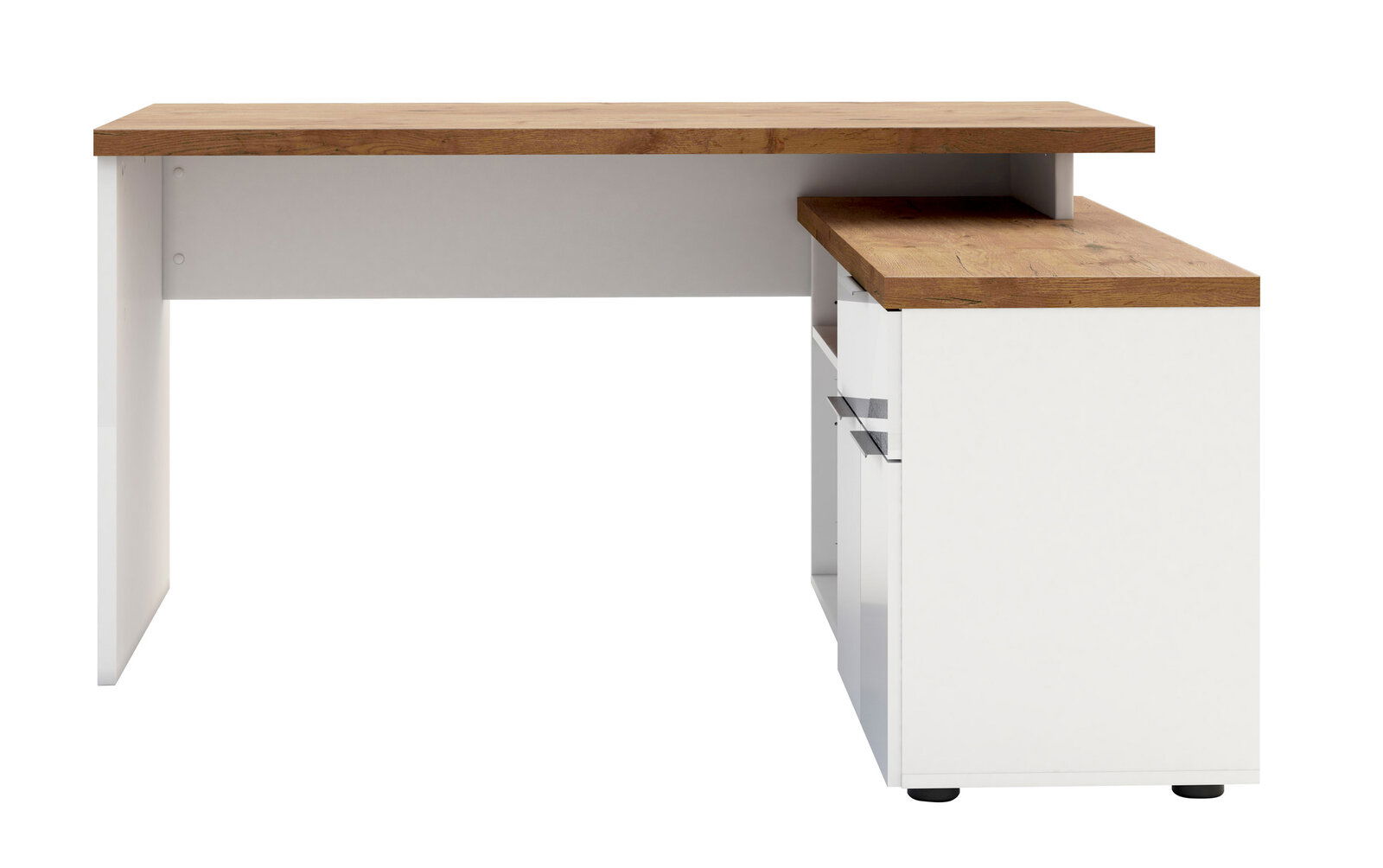 Eckschreibtisch mit weißem Korpus und Holzoberfläche, seitliche Perspektive