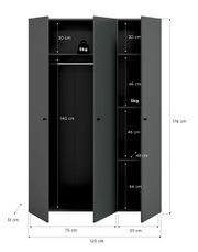 Offener dreitüriger Kleiderschrank in Anthrazit/Schwarz, Frontansicht mit leicht schräger Perspektive, mit Maßangaben (H 176 cm, B 120 cm, T 51 cm) sowie Innenaufteilung mit Kleiderstange und Regalfächern (u. a. 30/46/44 cm) und 5-kg-Belastungsangaben.