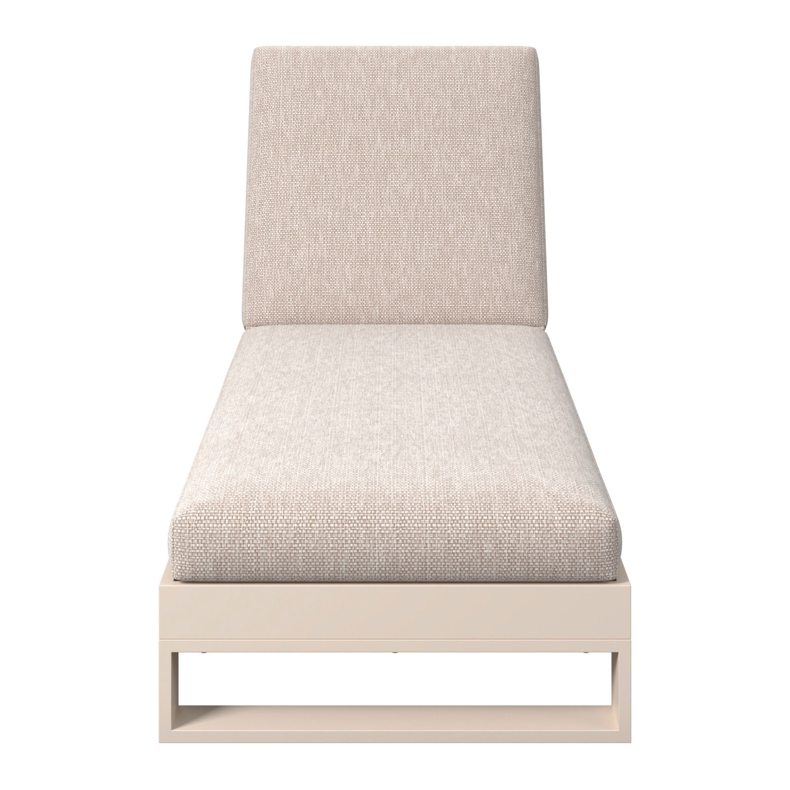Frontansicht einer modernen Sonnenliege mit beigem Polster und schlichtem Design.