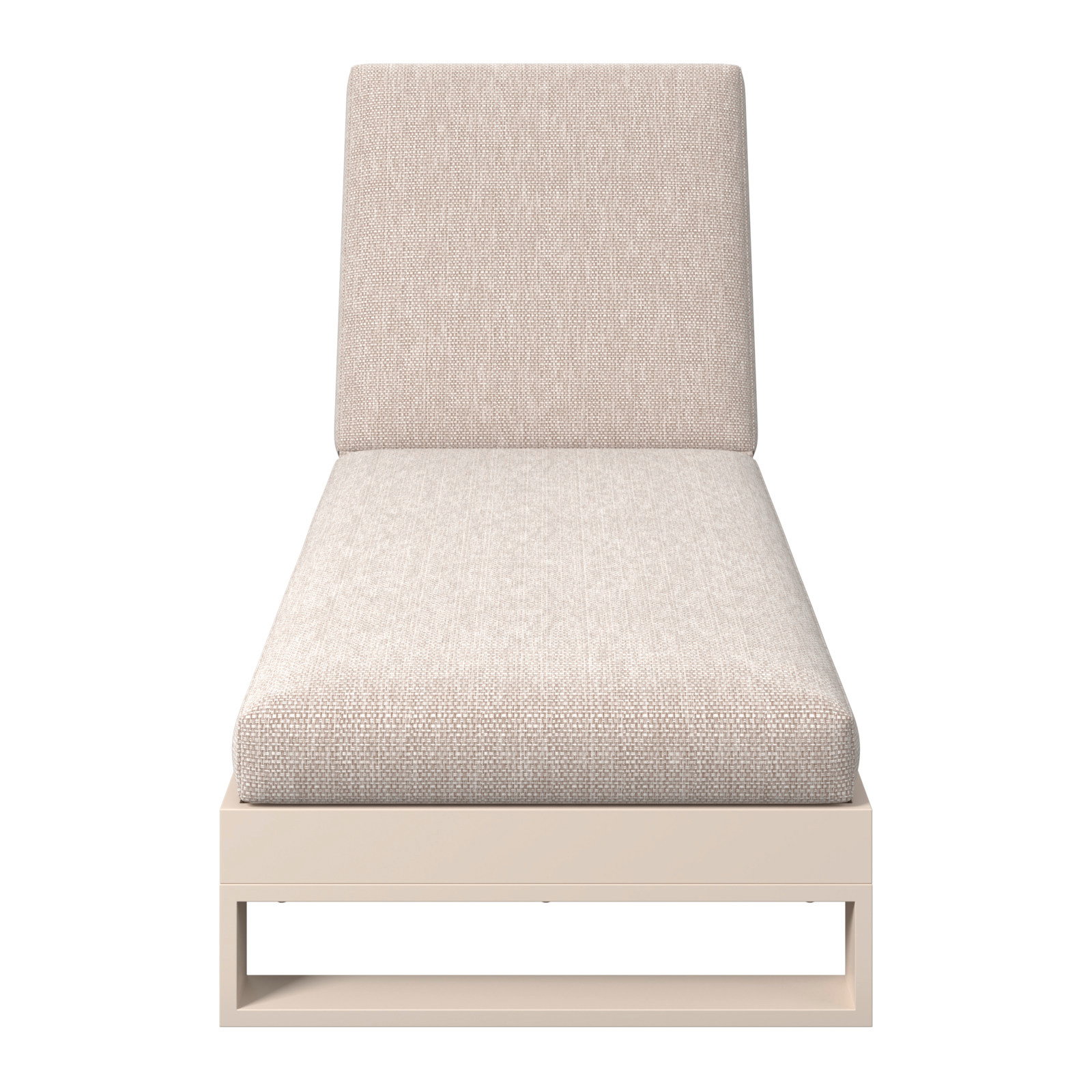 Frontansicht einer modernen Sonnenliege mit beigem Polster und schlichtem Design.