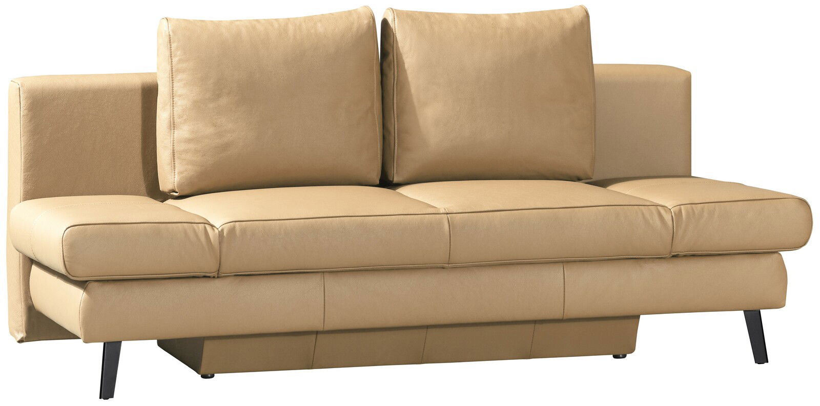 Beiges Schlafsofa mit zwei großen Rückenkissen, frontal betrachtet.