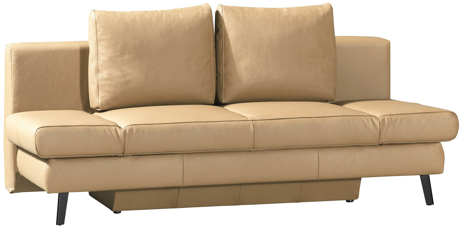 Beiges Schlafsofa mit zwei großen Rückenkissen, frontal betrachtet.