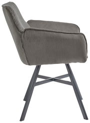 Seitenansicht eines grauen Armlehnstuhls mit geripptem Stoffbezug und Metallbeinen.