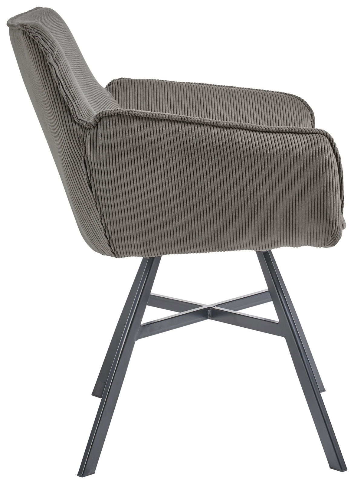 Seitenansicht eines grauen Armlehnstuhls mit geripptem Stoffbezug und Metallbeinen.