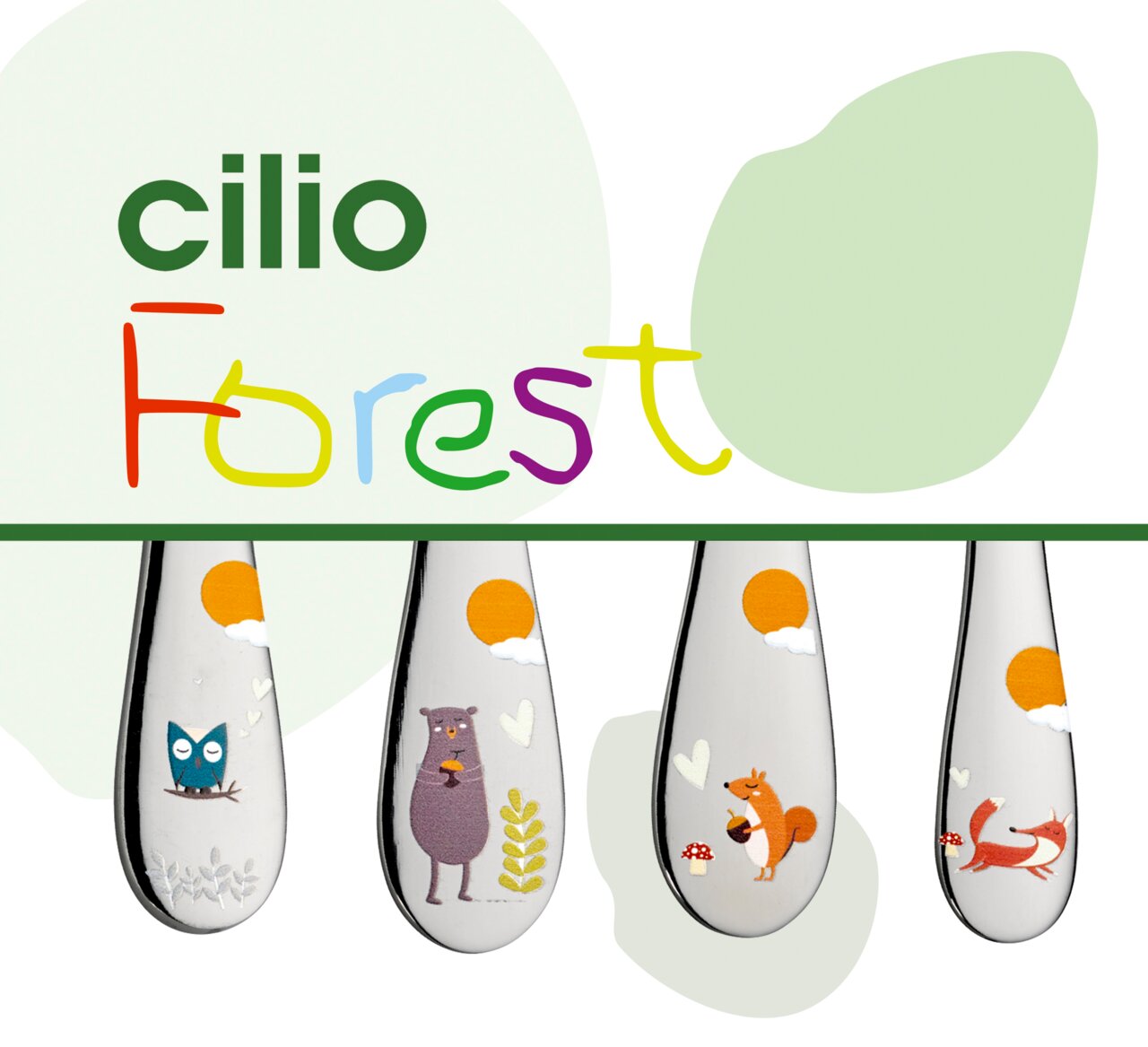 Kinderbesteck FOREST 4-tlg. mit bunten Waldtiermotiven, Vorderansicht