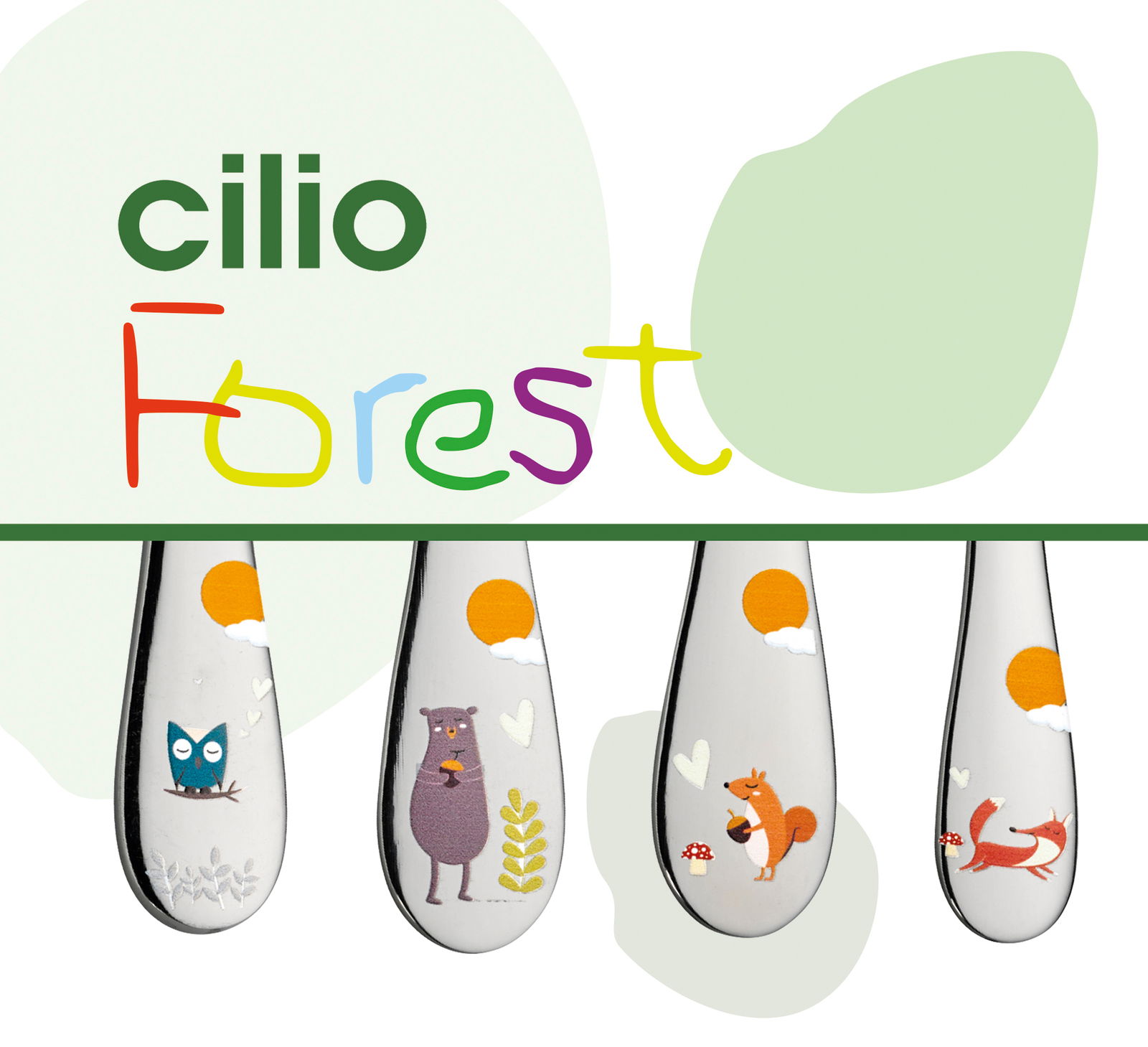 Kinderbesteck FOREST 4-tlg. mit bunten Waldtiermotiven, Vorderansicht