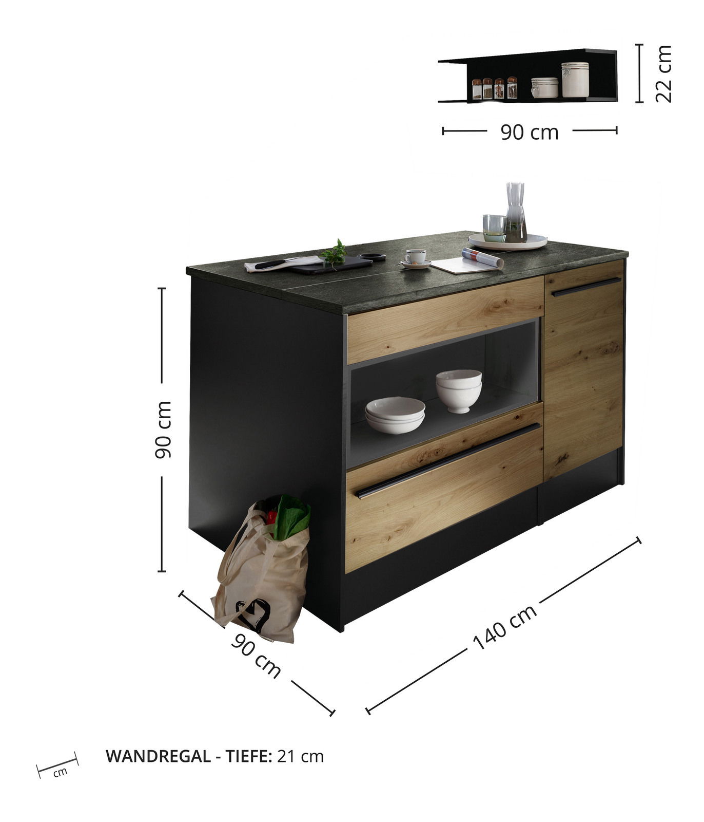 Kücheninsel mit Holz- und Schwarzelementen, inklusive Regal, aus seitlicher Perspektive