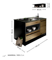 Kücheninsel mit Holz- und Schwarzelementen, inklusive Regal, aus seitlicher Perspektive