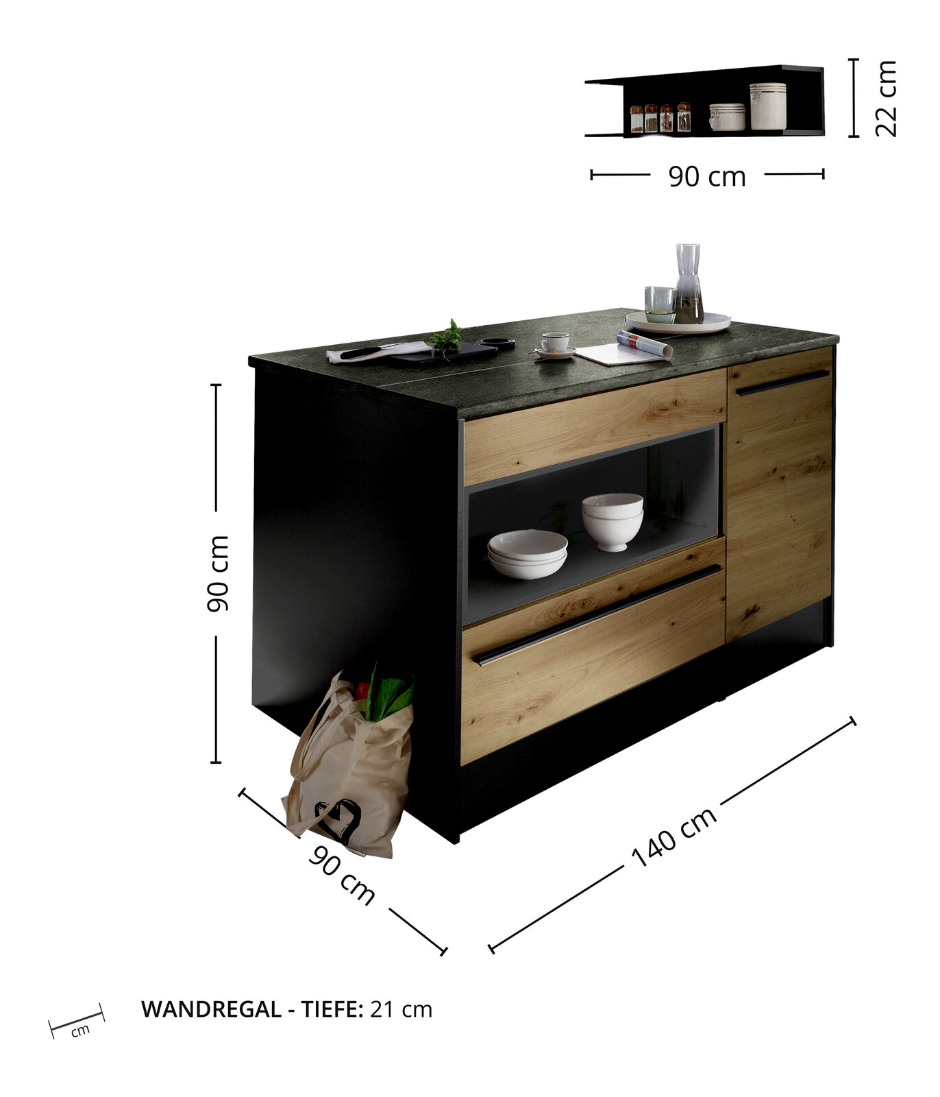 Kücheninsel mit Holz- und Schwarzelementen, inklusive Regal, aus seitlicher Perspektive