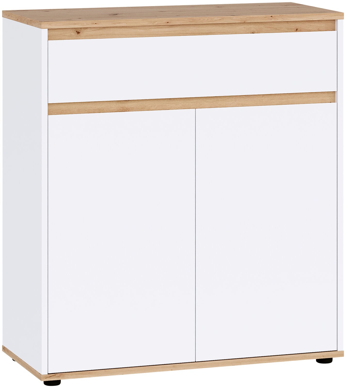 Moderne Kommode/Sideboard in Weiß mit Holzoptik-Absetzungen und Holzplatte, frontale Ansicht leicht von links