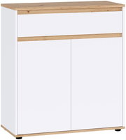Moderne Kommode/Sideboard in Weiß mit Holzoptik-Absetzungen und Holzplatte, frontale Ansicht leicht von links
