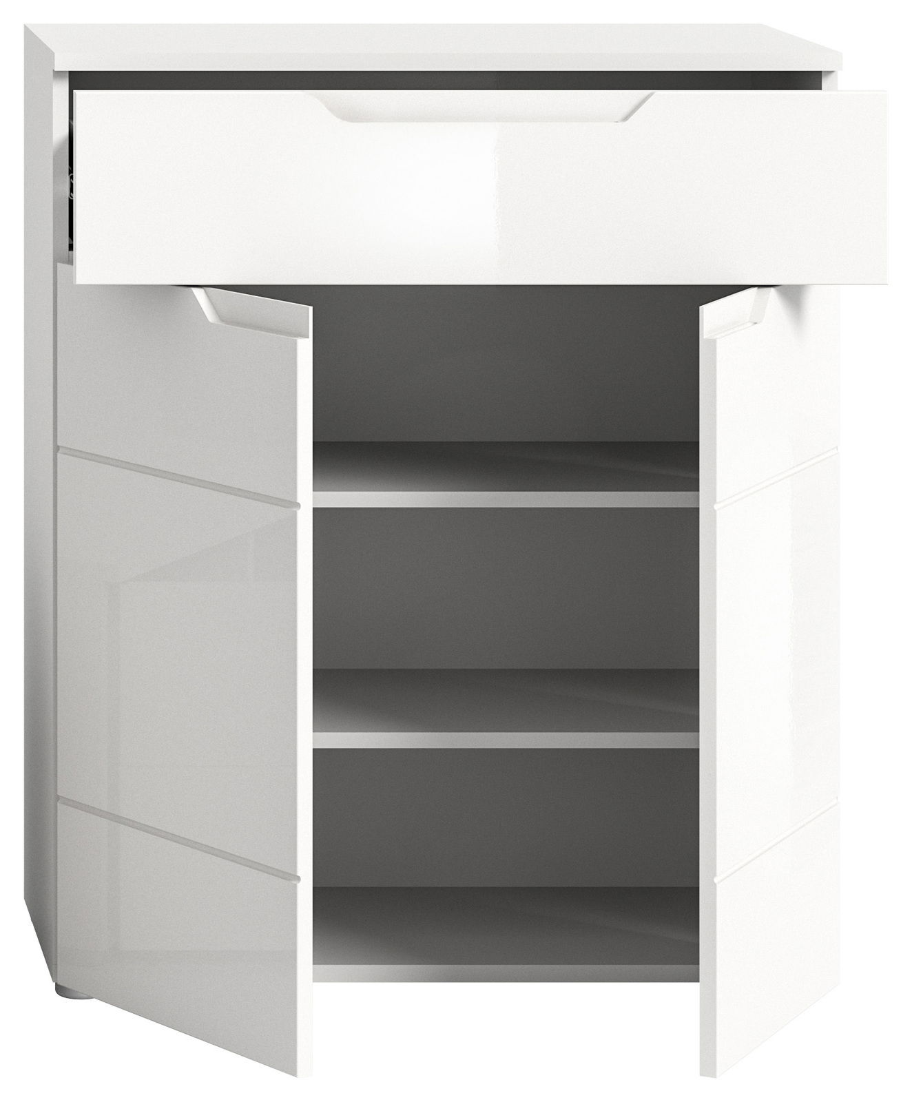Weiße Schuhkommode mit einer offenen Schublade und zwei geöffneten Türen, frontal betrachtet.